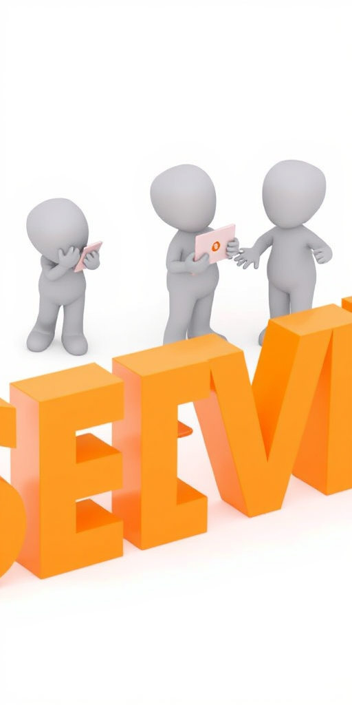 A 3D rendered image of three cartoon figures interacting with the word "SERVICE" composed of large, bold letters in orange, one figure using a laptop, one figure with open hands, and one figure gesturing, with a clean white background, camera settings: ISO 100, f/8, 1/250s, camera view: close-up, camera style: professional lighting, camera type: DSLR.