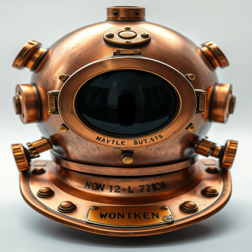 Create a highly detailed image of a vintage diving helmet made of copper and brass, photographed in a studio setting with a 50mm lens, aperture set to f/8 for deep focus, ISO 100 for minimal noise, soft lighting to highlight the metallic textures, shot from a slightly elevated angle to showcase the front view.