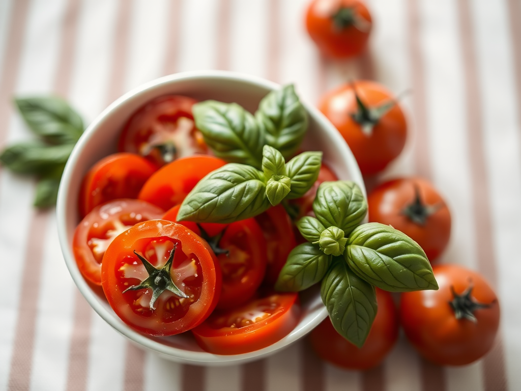 fresh red tomatoes sliced and whole in a white bowl with fresh basil leaves on a striped tablecloth, shallow depth of field, 50mm lens, f/2.8, ISO 100, natural soft lighting, overhead view, DSLR camera