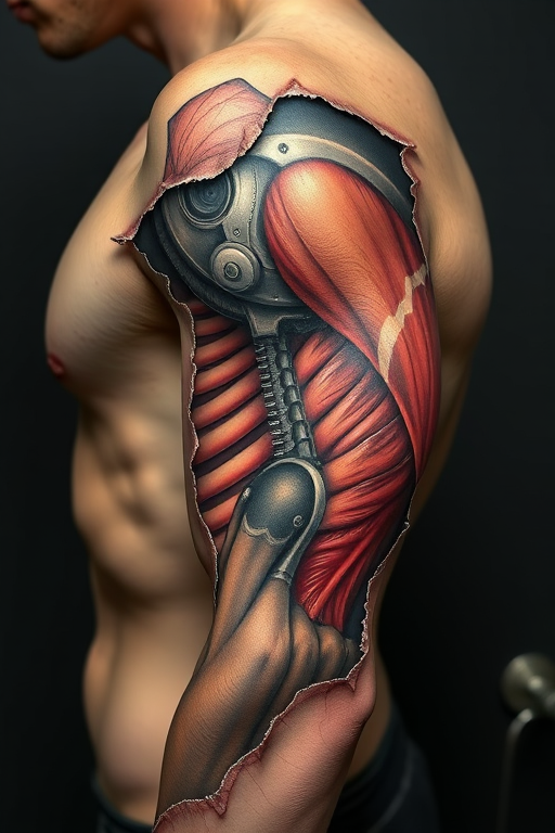 Realistic 3D tattoo titled "Skin Deep" creating the illusion of torn or peeled skin revealing hyper-realistic anatomical structures muscles or mechanical parts underneath