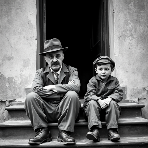 A black-and-white photograph of a man and a child sitting on steps in front of a doorway. The man is dressed as a tramp with a bowler hat, mustache, and ragged clothes, reminiscent of Charlie Chaplin's iconic look. He is sitting with his arms crossed and an expression of slight sadness or frustration. Next to him is a young boy, also in worn clothes and a cap, sitting with his hands clasped, looking thoughtful. The background is an old, textured wall and a partially open door, creating a vintage, early 20th-century atmosphere.