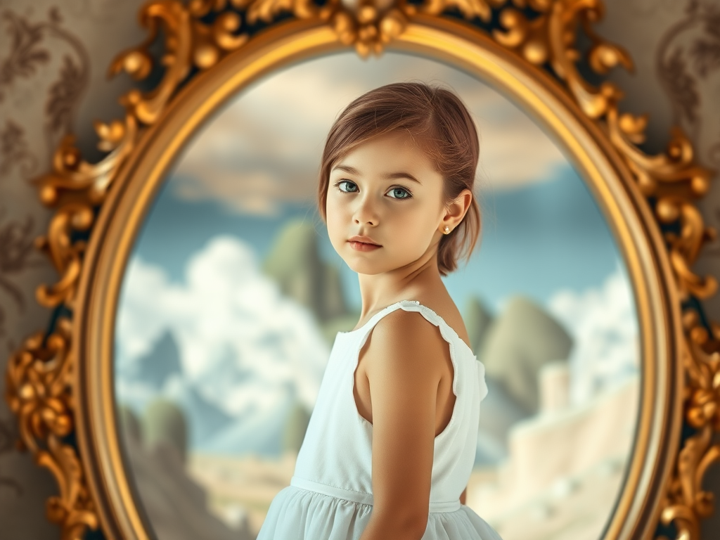 portrait of a girl in a white dress standing in front of an ornate mirror revealing a fantastical landscape, soft lighting, depth of field, ISO 100, f/2.8, 50mm lens, natural light, shot from eye level, high-resolution digital photography