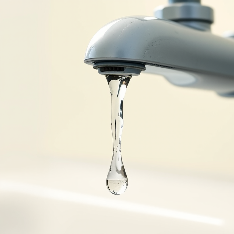 Create a detailed illustration of a water faucet with a drop of water dripping from it, using a DSLR camera with a 50mm lens at f/1.8, 1/100s shutter speed, and ISO 100, shot from a low angle view with soft natural lighting for a clean and clear presentation.