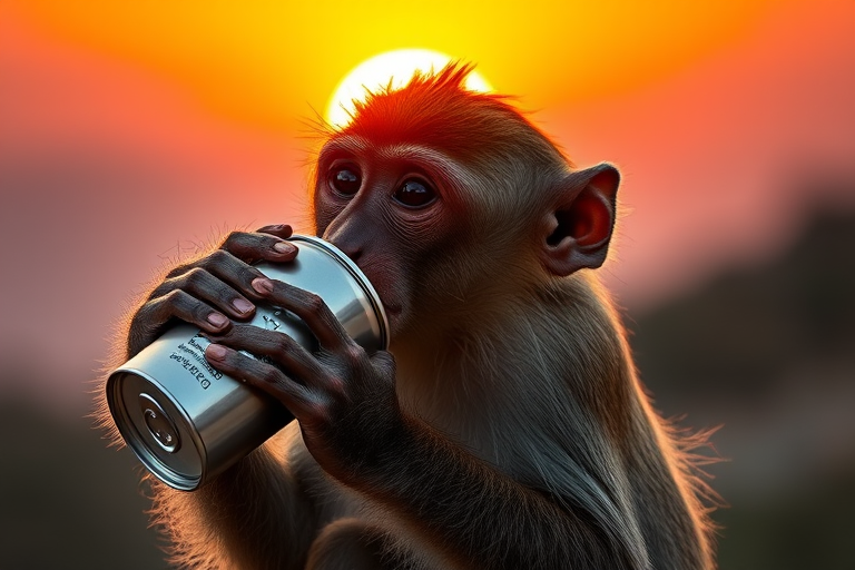 monkey drinking from a can against a sunset background, DSLR camera, 50mm lens, f/2.8 aperture, ISO 100, natural lighting, portrait view, vibrant colors, high dynamic range