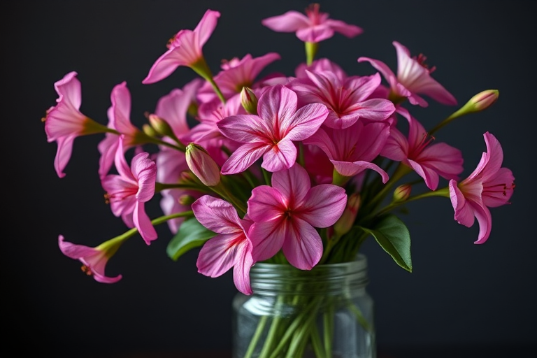 A vibrant bouquet of pink flowers arranged in a glass jar, set against a soft dark background, captured with a Canon EOS 5D Mark IV, 50mm lens, f/2.8 aperture, ISO 100, natural lighting, high dynamic range, with a focus on the delicate petals and leaves.