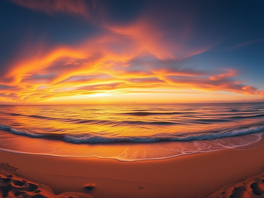 Generate a vibrant sunset over a calm ocean with gentle waves, golden reflections on the water, sandy beach in the foreground, soft clouds in a clear sky, captured with a DSLR camera, 24mm lens, aperture f/8, ISO 100, wide panoramic view.