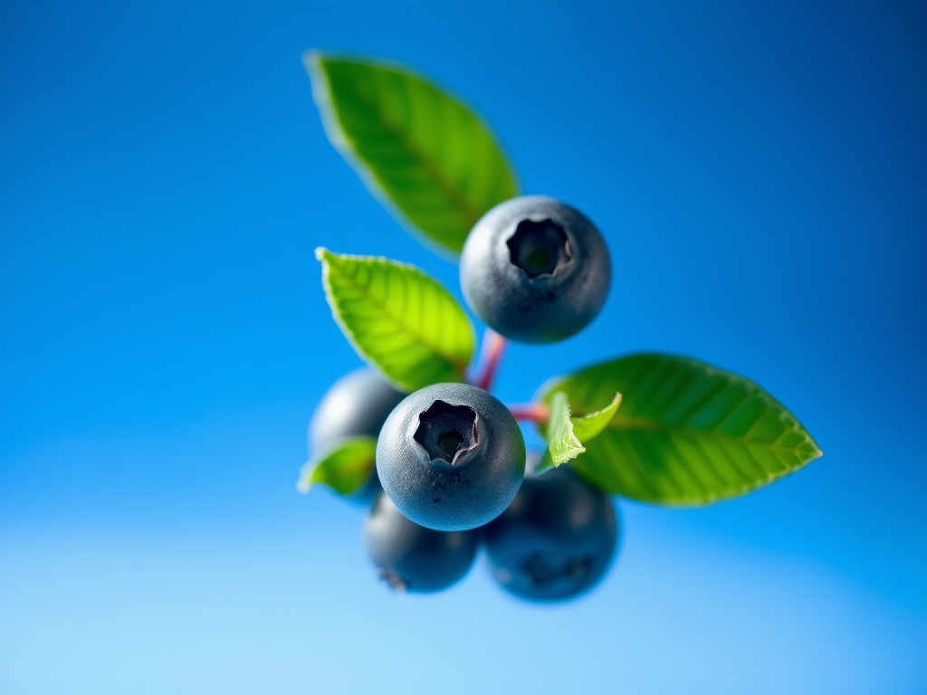 high-resolution macro photograph of fresh blueberries with green leaves floating against a blue gradient background, using a Canon EOS 5D Mark IV with a 100mm f/2.8L Macro IS USM lens at f/4, ISO 100, 1/200s, soft focus background, natural light from a window
