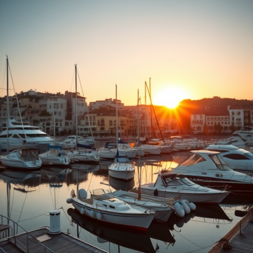 captured at golden hour with a Canon EOS R5, 35mm lens, f/4 aperture, 1/200s shutter speed, ISO 100, focusing on the marina with boats in the foreground, shallow depth of field, vibrant colors and crisp details in a coastal town setting