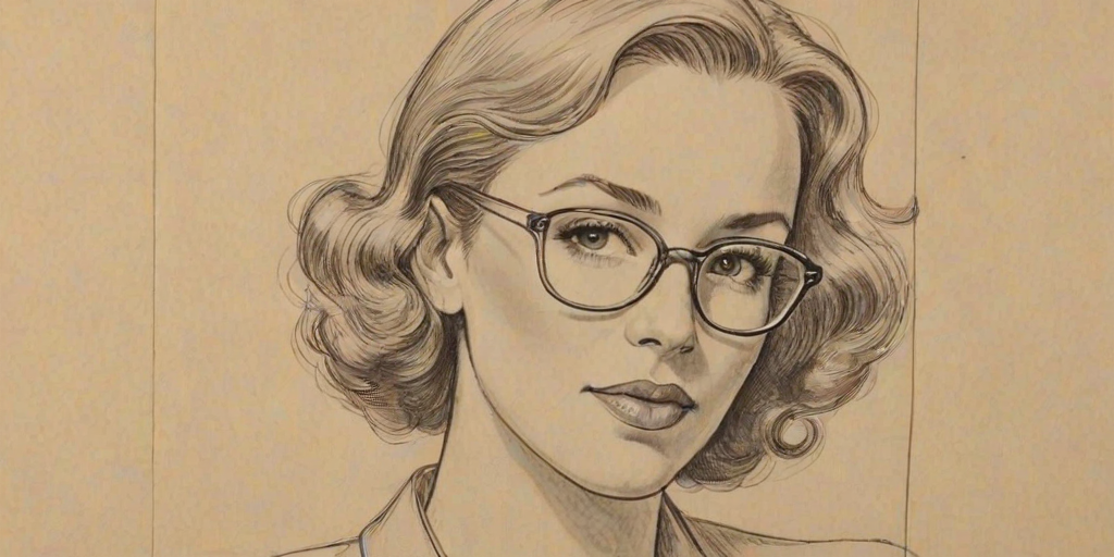 Magnificent Whitney Cummings, pencil sketch, portrait of Graceful woman 1936s in glasses, hair style beatnik, outline, clear lines, fine lines, 8k
