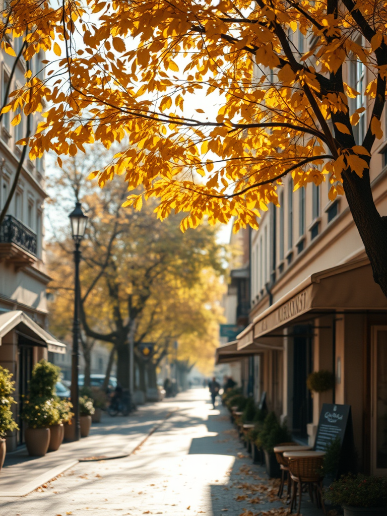 Soft-focus image of a picturesque European street during autumn, with golden leaves falling from trees, quaint cafés lining the sidewalk, and soft sunlight filtering through the branches.