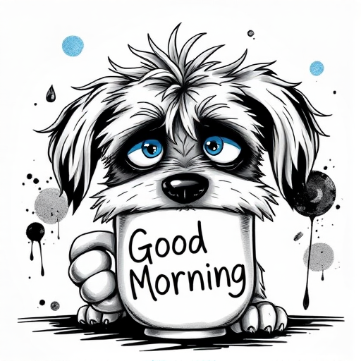 A quirky, artistic illustration of a disheveled poogle dog breed with exaggerated, large eyes and spiky fur, holding a coffee mug that reads "Good Morning". The dog has a tired but humorous expression, with ink splatters and abstract details surrounding it, giving a whimsical feel to the image. The color palette is mostly monochrome with hints of blue in the eyes and steam rising from the mug, enhancing the overall sleepy vibe