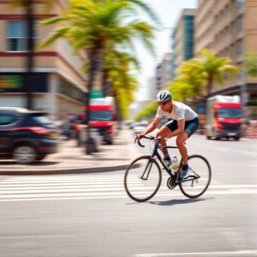 Cyclist racing on a city street, captured in motion with a shallow depth of field, using a DSLR camera with a 50mm lens, aperture f/2.8, shutter speed 1/1000s, ISO 200, natural light, sunny day, vibrant colors, focusing on the cyclist with a blurred background for dynamic effect.