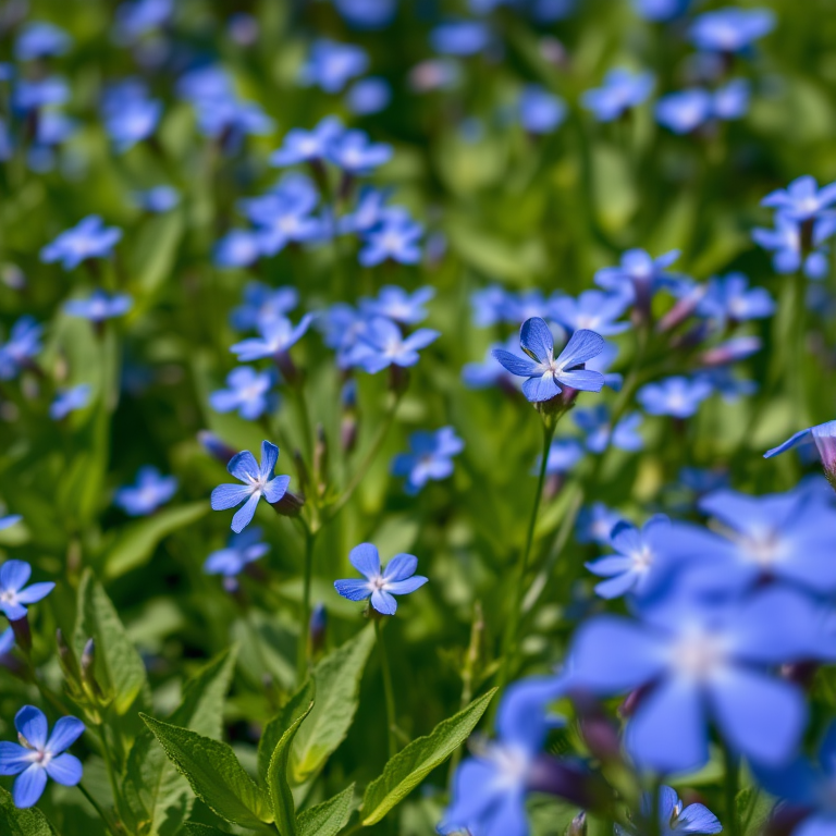 A vibrant field of blue flowers with lush green foliage, captured with a Canon EOS R5 camera at f/2.8, ISO 100, 50mm lens, natural soft lighting, with a shallow depth of field to enhance the details of the blossoms and leaves.