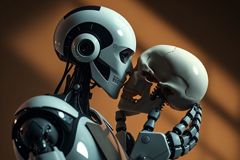Create a high-resolution image of a humanoid robot gently kissing a skull, with dramatic lighting and shadows, using a Canon EOS R5 camera, 50mm lens, aperture f/1.8, ISO 100, shot in portrait mode with a shallow depth of field.