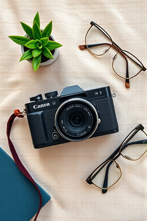 Create a high-quality flat lay image featuring a vintage camera with a textured surface, stylish eyeglasses, and a small potted plant, using a Canon EOS R5 camera, 50mm lens, f/2.8 aperture, ISO 100, and 1/125 sec shutter speed, captured from a top-down perspective with soft natural lighting.