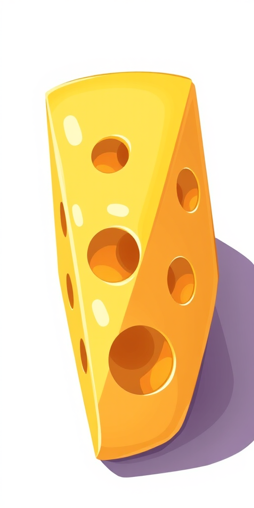 Create a vibrant, high-resolution illustration of a wedge of cheese with large holes, using a digital art style, set against a simple white background, capture with a 50mm lens, f/1.8 aperture for a shallow depth of field, soft lighting for smooth highlights and shadows.