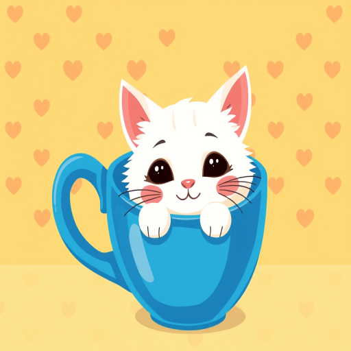 Create a playful illustration of a cute white cat peeking out of a blue coffee cup on a bright yellow background with a heart pattern, camera settings: ISO 100, f/4, shutter speed 1/100s, camera view: close-up, camera style: vector art, camera type: digital illustration.
