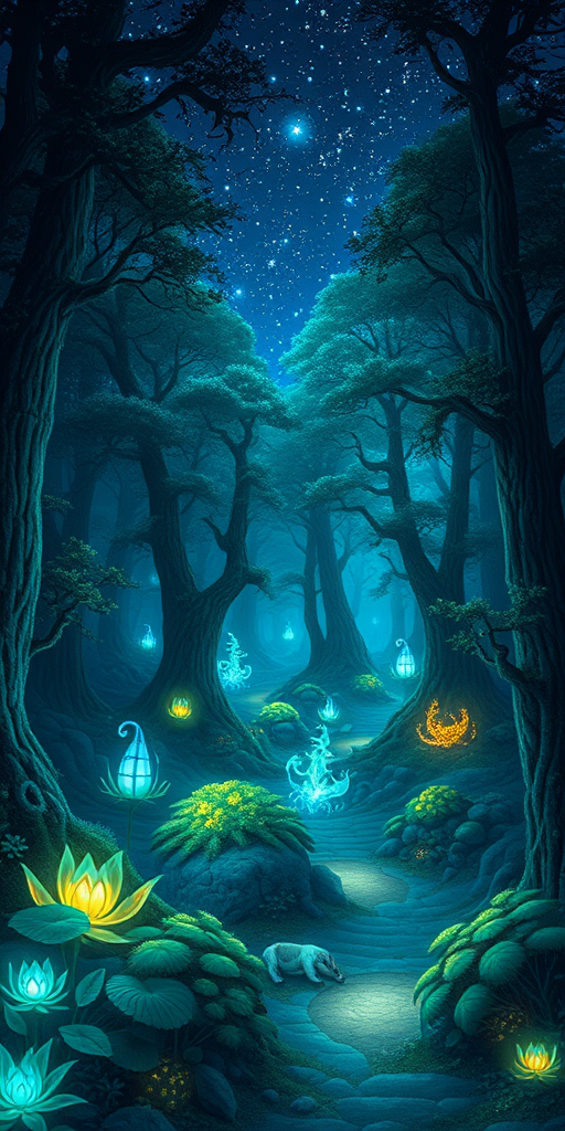 Create a detailed illustration of a fantasy landscape featuring a mystical forest with glowing plants and paths illuminated by ethereal light under a starry sky, captured with a Canon EOS R5 at f/2.8, ISO 400, 24mm lens, shot from a low angle with a wide-angle perspective to enhance depth and detail.