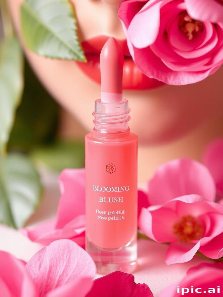 Sheer rose petal pink lip oil infused with botanical extracts, dubbed "Blooming Blush," providing nourishing properties and a subtle tint, perfect for achieving a natural, healthy glow