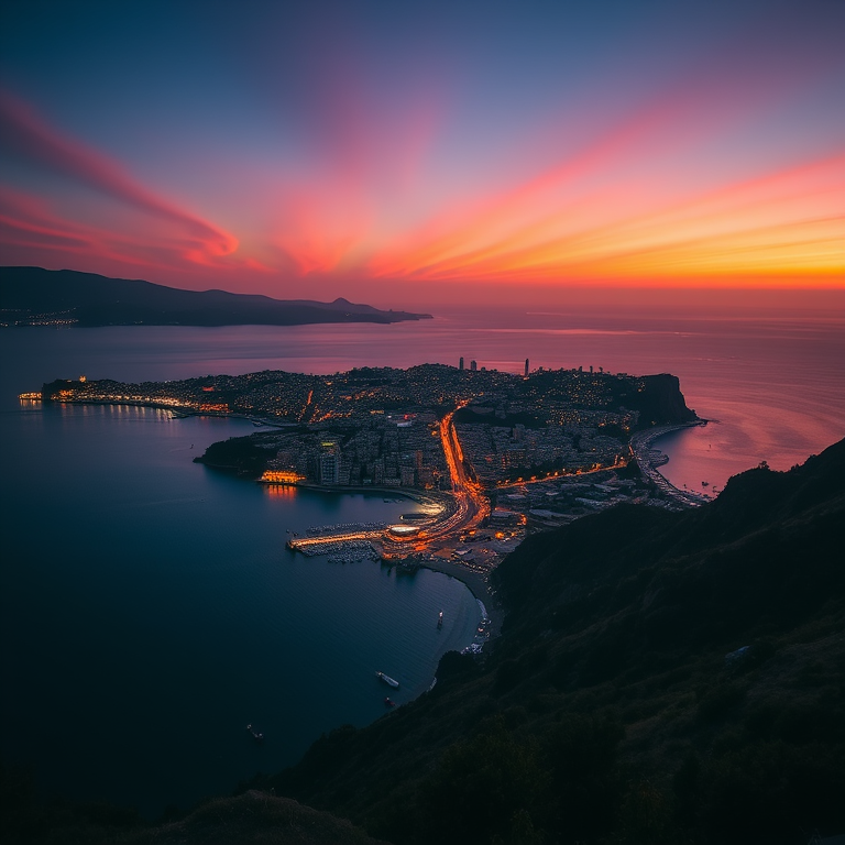 sunset over a coastal city with vibrant lights reflecting on the water, taken with a Canon EOS R5, 24mm lens, f/8 aperture, ISO 100, 1/60 sec, HDR photography style, landscape orientation