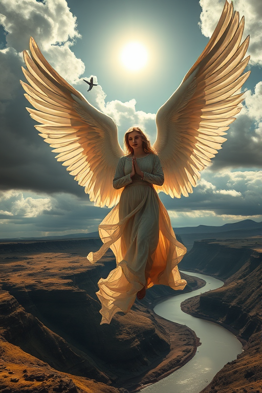 Create an ethereal scene of a majestic angel with large, radiant wings, illuminated by a bright sun above, featuring flowing garments that blend into the atmosphere, set against a dramatic landscape with dark clouds and a winding river below; use a Canon EOS R5, 35mm lens, f/1.8 aperture, ISO 100, 1/200 sec shutter speed, in low-angle perspective, emphasizing depth and detail.