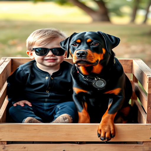 Create a playful scene featuring a toddler in sunglasses and a Rottweiler sitting together in a wooden crate, captured with a DSLR camera at f/2.8 aperture, 50mm focal length, ISO 100, in soft natural lighting for enhanced details and colors.