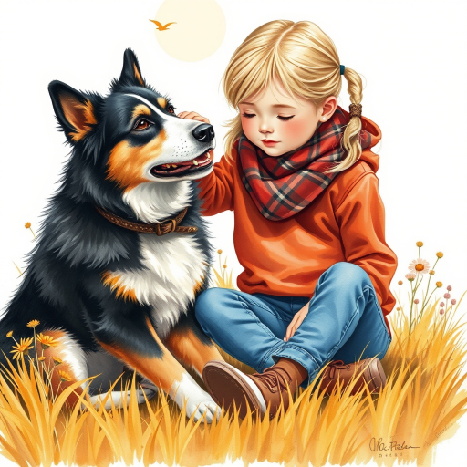 A detailed watercolor and acrylic illustration showing a heartwarming scene between a young blonde girl in pigtails and a Bearnaise Mountain dog. The girl, dressed in a rust hoodie, jeans, and a plaid scarf, gently rests her hand on the dog’s head. The dog, with black, copper, and white fur, sits beside her, tilting its head in affection. They sit on golden grass with wildflowers, against a sunny fall background. The artwork focuses on realistic textures and the tender bond between them.