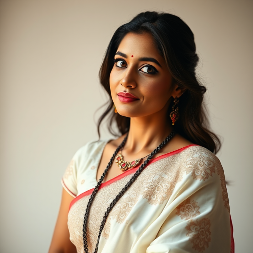 Regenerate an image of a woman wearing a white saree with intricate designs, natural light, 50mm lens, aperture f/1.8, ISO 100, soft focus, portrait orientation, studio backdrop.