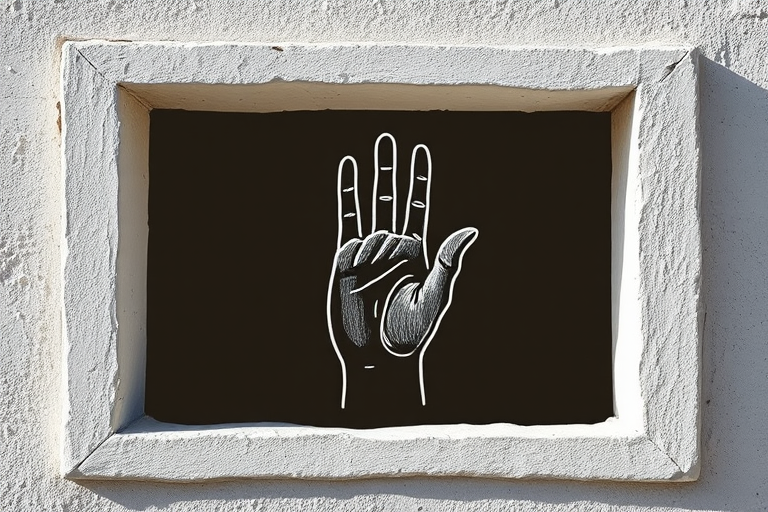 Create an abstract line drawing of a hand symbol within a textured square frame, captured with a Canon EOS R5, 50mm lens, f/1.8 aperture, ISO 100, in natural light, high contrast, and sharp focus.