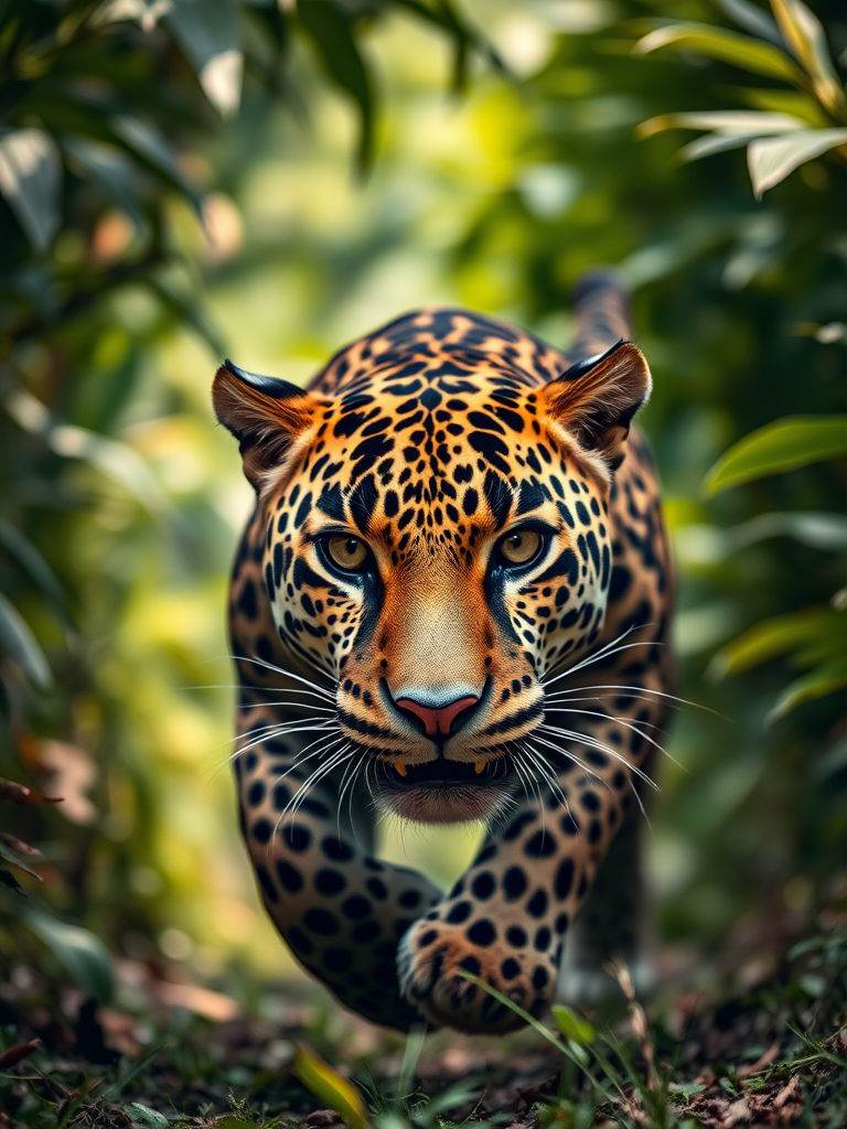 capture a close-up of a jaguar running through a lush jungle, focus on its intense gaze and detailed fur, use a shallow depth of field at f/2.8, ISO 200, shutter speed 1/1000s, with a 24-70mm lens, positioned at eye level for dramatic impact, natural lighting to enhance the vibrant colors