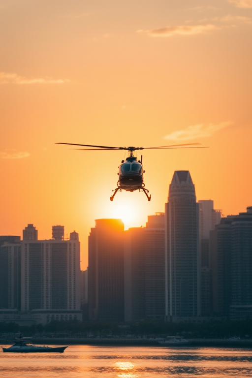 Capture a high-resolution image of a helicopter flying over a busy urban skyline during golden hour, using a Canon EOS R5, 50mm lens, f/8 aperture, ISO 100, shutter speed 1/200, from a low-angle perspective to emphasize the buildings and water reflections.