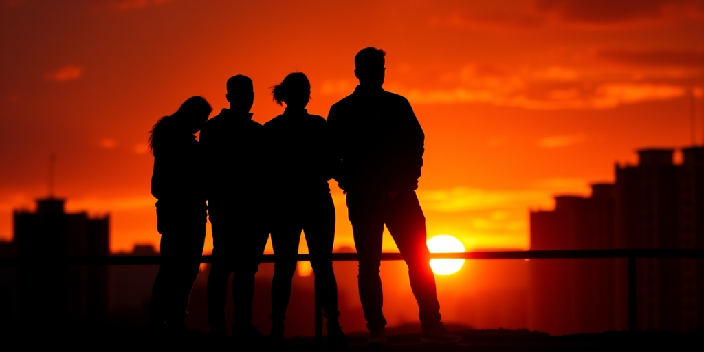 Create a dramatic sunset scene featuring four figures in silhouette against a fiery urban backdrop, using a DSLR camera, 50mm lens, f/1.8 aperture, ISO 200, shot at dusk with backlighting to enhance the contrast and vivid colors.