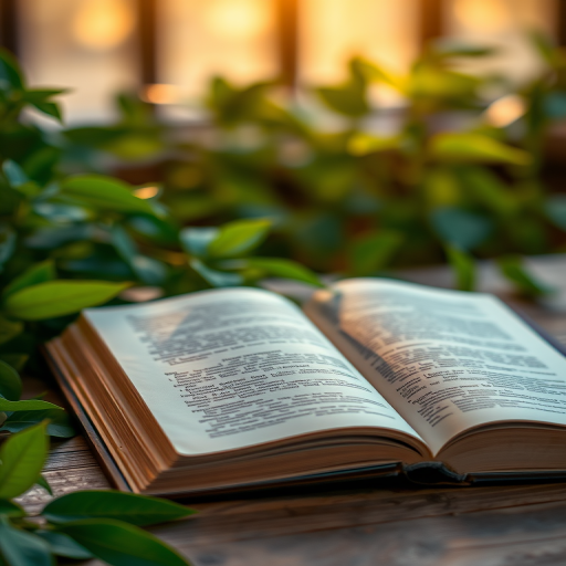 open book on a wooden table with green leaves around, warm lighting, shallow depth of field, 50mm lens, f/1.8, ISO 100, soft focus, Nikon D850