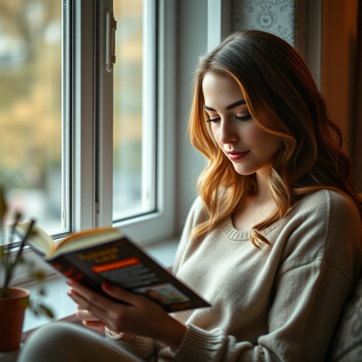 portrait of a woman reading a book by a window in a cozy setting, natural light, soft focus, 50mm lens, f/1.8 aperture, 1/200s shutter speed, DSLR camera, shallow depth of field, warm tones