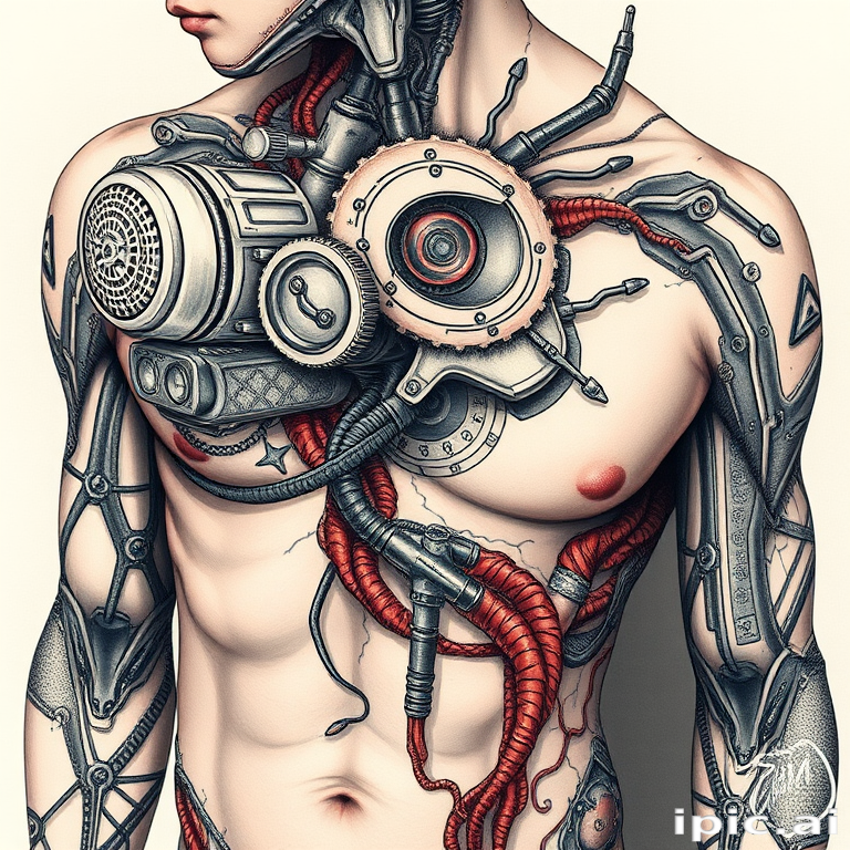Biomechanical "Techno-Organic Fusion" tattoo artwork blending mechanical components with organic tissues to create a seamless cyborg-like aesthetic with intricate detailing and shading techniques