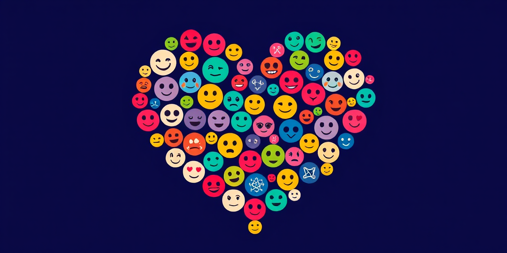 Create an image of a heart shape made up of various colorful circular icons, featuring different emoticons and celestial designs, captured with a DSLR camera, 50mm lens, f/1.8 aperture, ISO 200, 1/250 sec shutter speed, in vibrant colors and high resolution.