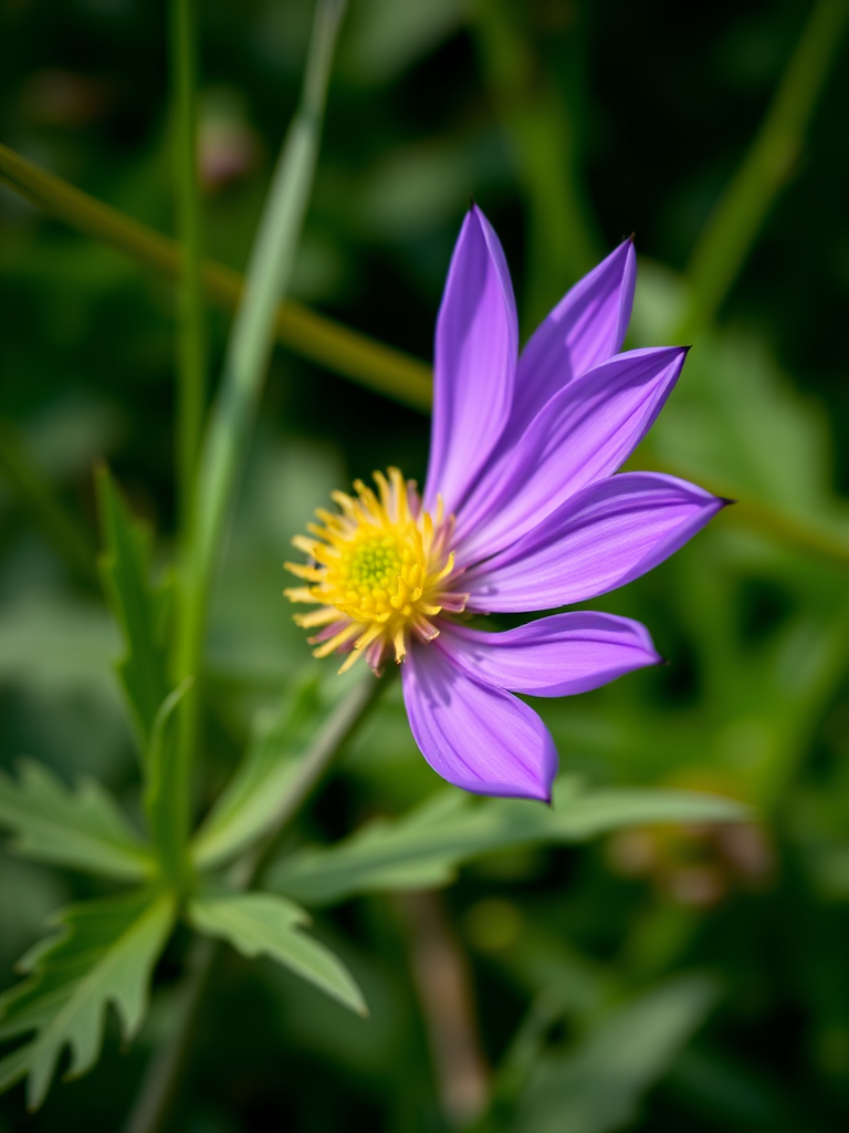close-up shot of a vibrant purple cornflower against green foliage, f/2.8 aperture, 1/250 sec shutter speed, ISO 100, macro lens, natural lighting, DSLR camera.