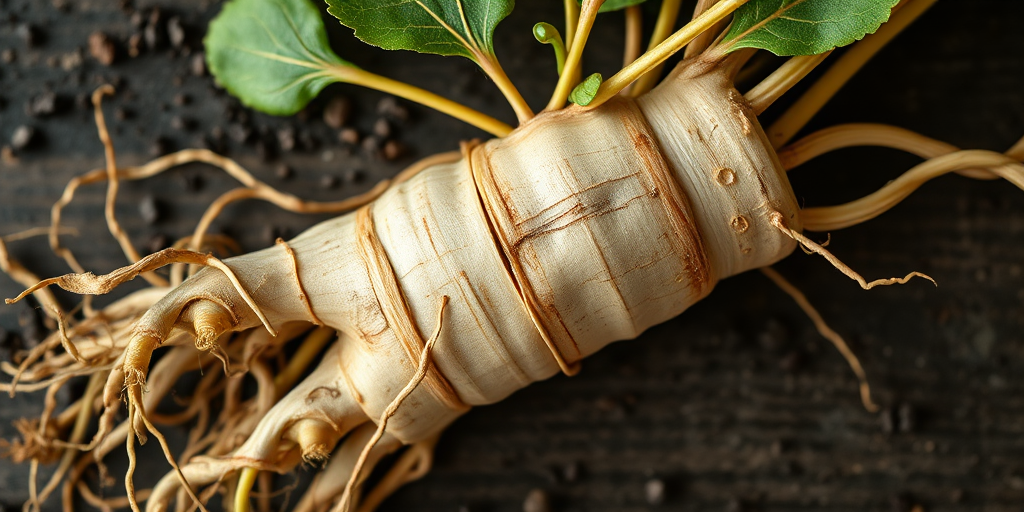 Create a high-resolution image of a freshly harvested ginseng root with detailed roots and leafy green top, using a macro lens setting, aperture f/2.8, ISO 100, 50mm focal length, soft natural lighting, taken from a slight top-down angle to emphasize the texture and color variations of the root.