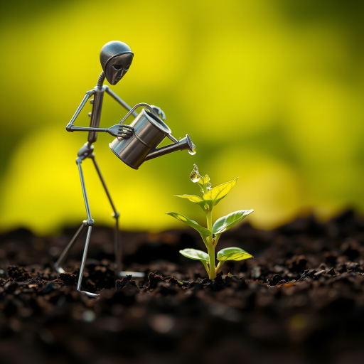 A metal figurine of a person, constructed from thin, silver rods, stands on the left side of the image, facing the viewer. The figurine is holding a small watering can and pouring water onto a young plant, with a few droplets in the air. The plant, with lush green leaves, is situated in the center, growing from dark soil. The background is a soft, out-of-focus blur of green, illuminated by warm, natural light.  The composition creates a sense of depth and intimacy. The image evokes feelings of growth, nurture, and hope.