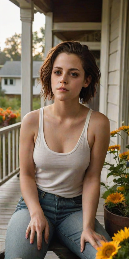 A photo of Kristen Stewart with a background of a cozy porch. She has dark hair pulled back in an updo, with tendrils framing her face. She wears a white tank top and sits on the porch. The porch is part of a well-lit home with a warm, earthy tone and colorful flowers and foliage. The overall scene has a warm, welcoming, and comfortable ambiance.