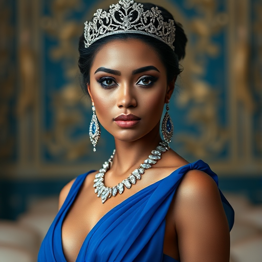 A gorgeous Maori woman in a luxurious blue gown, accessorized with a dazzling tiara and statement earrings, her deep blue eyes highlighted by impeccable makeup, poised in a royal setting, photorealistic, 8K quality