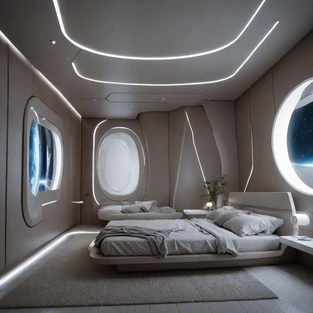 bed, bedroom, futuristic, dynamic angle,