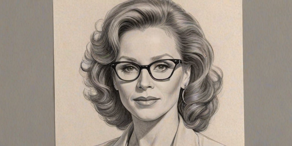 Radiant Reba McEntire, pencil sketch, portrait of Magnificent woman 1946s in glasses, hair style beatnik, outline, clear lines, fine lines, 8k