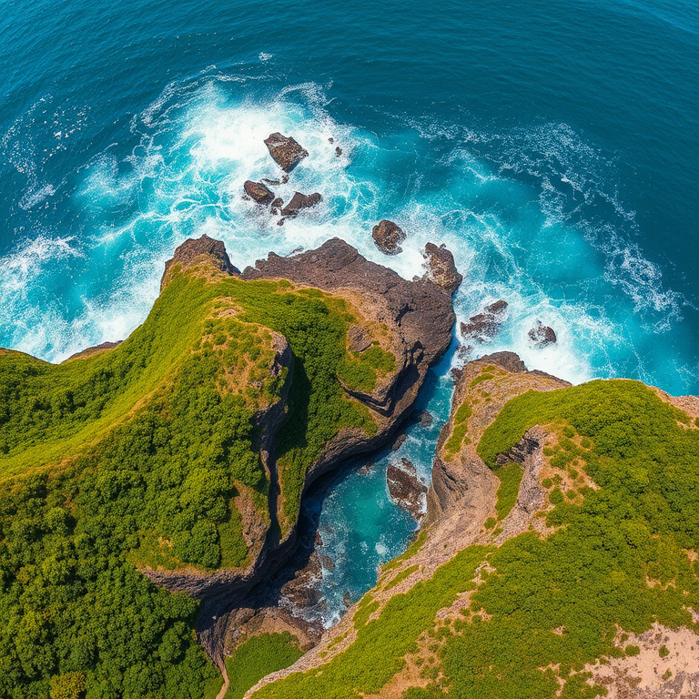 Capture a high-resolution aerial view of a rugged coastline with lush greenery, bright blue ocean waves crashing against rocky cliffs, bright sunny atmosphere, using a DSLR camera with a wide-angle lens at f/8 aperture, ISO 100, and 1/2000 sec shutter speed for enhanced clarity and color vibrancy.