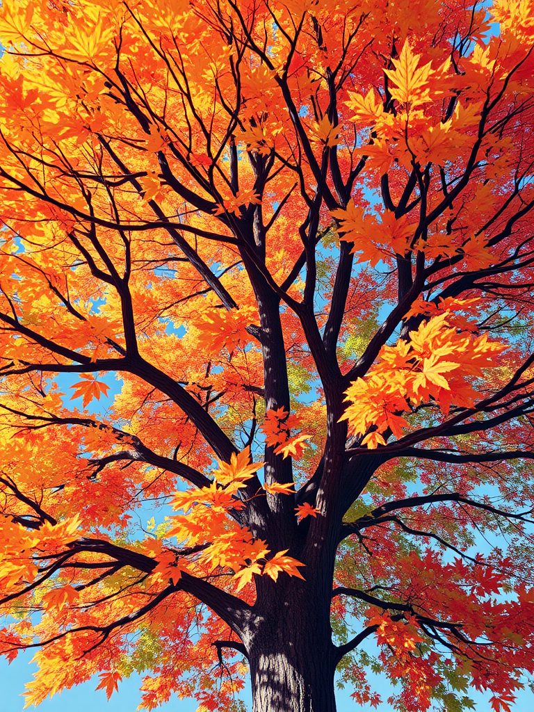 Create a vivid illustration of a tree with a full canopy of colorful leaves in a bright, whimsical style, using a digital medium with high resolution and vibrant colors, camera settings at f/8, ISO 100, 1/250s, captured from a slightly elevated angle to emphasize the tree's canopy, using a digital camera with a macro lens.