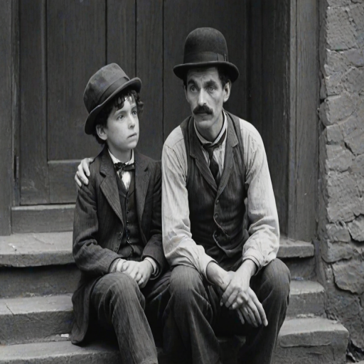 A black-and-white photograph of a man and a child sitting on steps in front of a doorway. The man is dressed as a tramp with a bowler hat, mustache, and ragged clothes, reminiscent of Charlie Chaplin's iconic look. He is sitting with his arms crossed and an expression of slight sadness or frustration. Next to him is a young boy, also in worn clothes and a cap, sitting with his hands clasped, looking thoughtful. The background is an old, textured wall and a partially open door, creating a vintage, early 20th-century atmosphere.