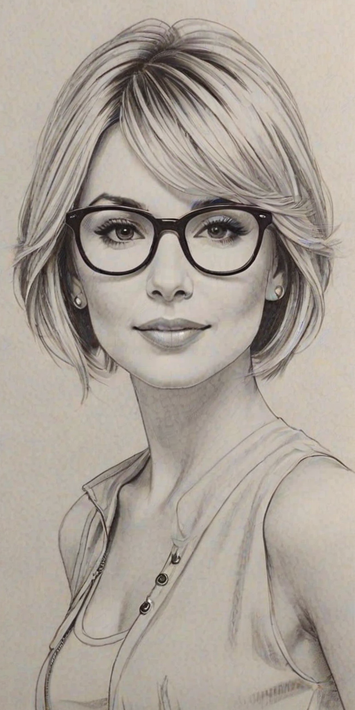 Elegant Chelsea Kane, pencil sketch, portrait of Radiant woman 1967s in glasses, hair style beatnik, outline, clear lines, fine lines, 8k