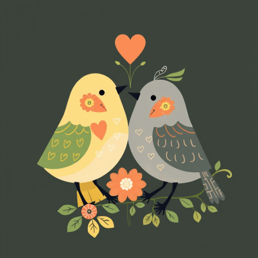 Create a vibrant digital illustration of two stylized birds with heart patterns and floral elements, using a soft color palette of yellow, gray, and green, in a symmetrical composition, captured with a Canon EOS R5, 50mm lens, f/2.8 aperture, and soft lighting for a whimsical effect.