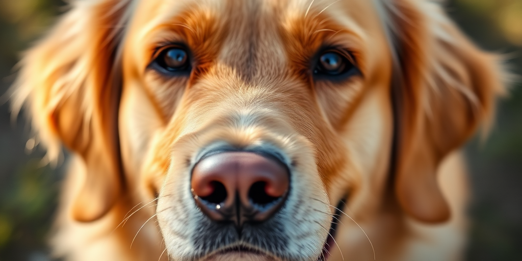 Generate a close-up portrait of a golden retriever, focus on the dog's face with a shallow depth of field, use a 50mm lens at f/1.8, ISO 200, and 1/250s shutter speed, in natural daylight, captured with a DSLR camera.