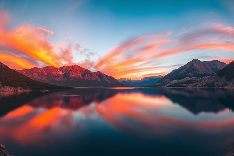 Generate a high-resolution image of a serene lake surrounded by mountains at sunset with vibrant colors and reflections on the water, using a Canon EOS-5D Mark IV, 24mm f/1.4 lens, aperture set to f/8, ISO 100, with a panoramic view and HDR photography style.